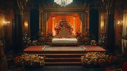 Traditional Indian wedding stage with vibrant colors and intricate patterns This Indian wedding stage is vibrant with deep reds, golds, and orange tones, with a large.