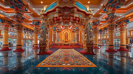 Obraz premium Traditional Indian wedding stage with vibrant colors and intricate patterns This Indian wedding stage is vibrant with deep reds, golds, and orange tones, with a large.