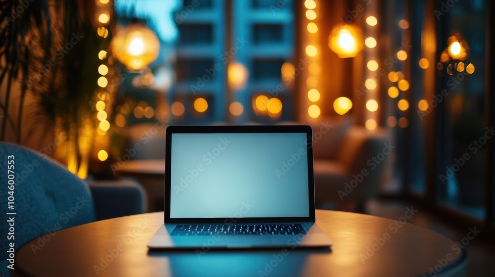 Leinwandbilder the laptop sits on a wooden table in a softly lit room, perfect for enjoying a calm evening while wo