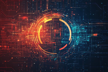 Obraz premium A futuristic circuit board design in festive New Year colors, featuring intricate digital technology elements, glowing lights, and advanced geometric patterns for a modern tech aesthetic.