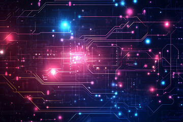 A futuristic circuit board design in festive New Year colors, featuring intricate digital technology elements, glowing lights, and advanced geometric patterns for a modern tech aesthetic.

