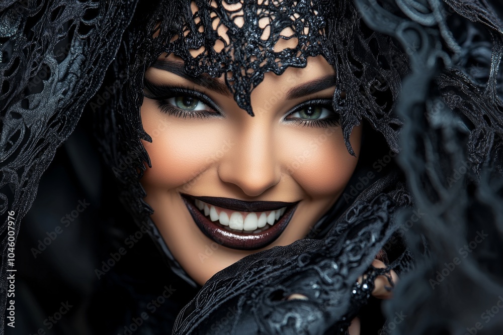 Aufkleber dark, gothic figure offering a smile of kindness, with deep shadows and soft light showing the contr