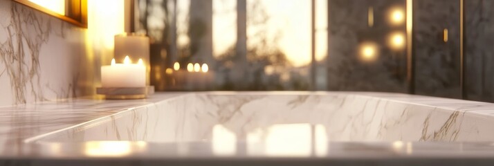 Empty Modern Bathtub in a Luxury Bathroom Interior Design with Stunning Sunset Cityscape Views