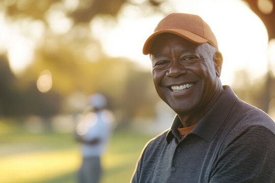 prosperous smiling african american male golfer enjoying golf on course. senior activity, wealth, retirement leisure, hobby. banner with copy space