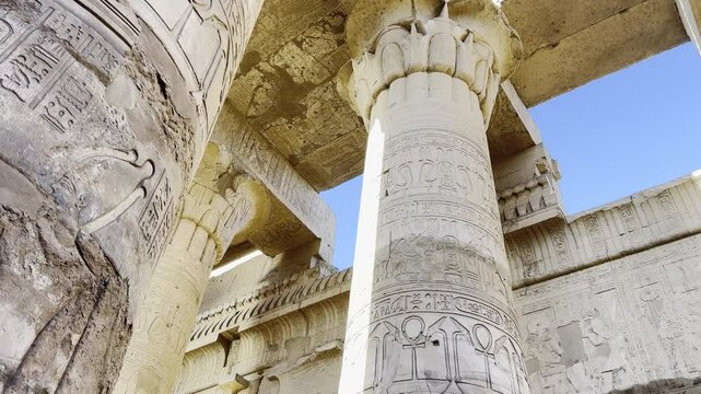 Look up at the sky-scraping columns that seem to touch the heavens within the temple of Sobek. These celestial structures, adorned with astronomical symbols, connect the earthly realm with the divine.