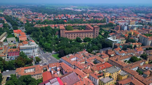Drone view of the city with the cathedral and the castle of the Visconti dynasty and the museum, archaeological finds. City of a hundred towers historical medieval architecture. Italy Pavia 22.04.2025