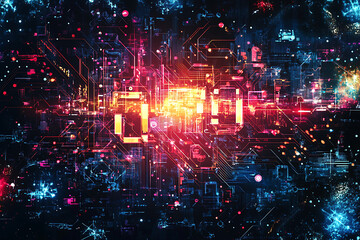 Fototapeta premium A futuristic circuit board design in festive New Year colors, featuring intricate digital technology elements, glowing lights, and advanced geometric patterns for a modern tech aesthetic.