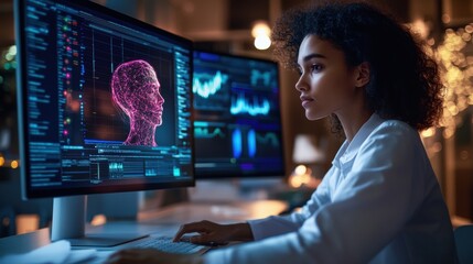 Researcher Analyzing Data on Computer Screen