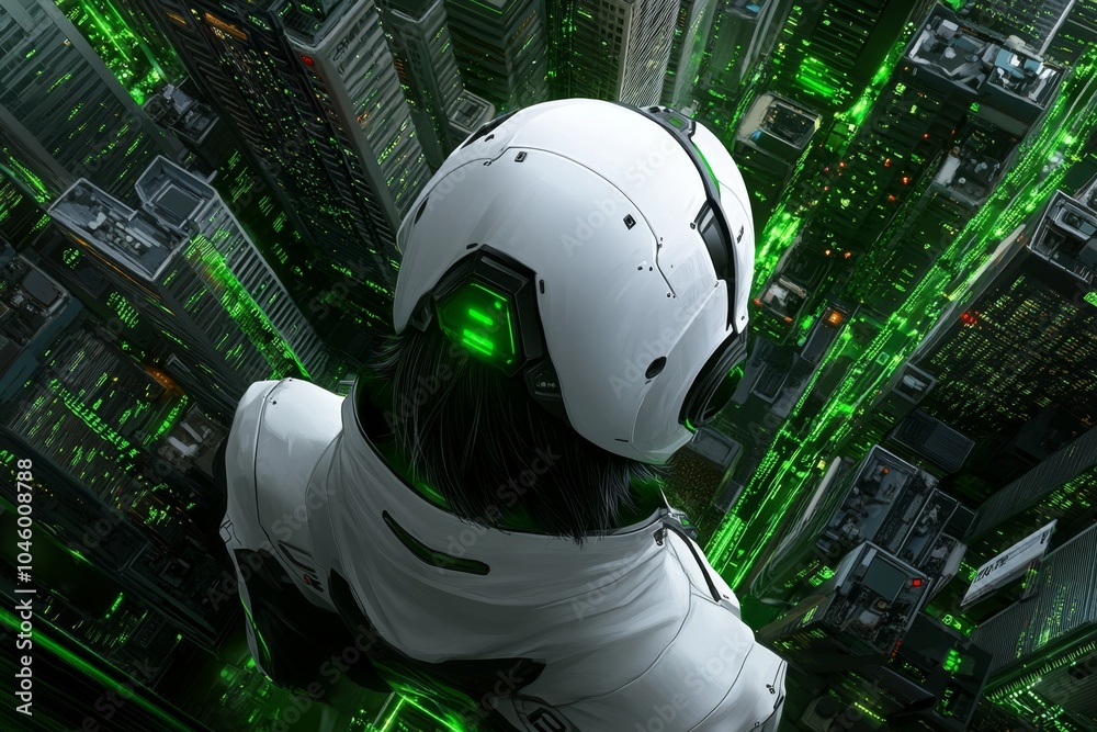 Poster futuristic depiction of a person exploring a digital landscape, symbolizing the new possibilities th