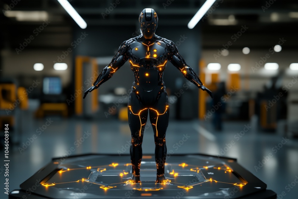 Poster futuristic depiction of a person standing tall with confidence, with glowing technology highlighting