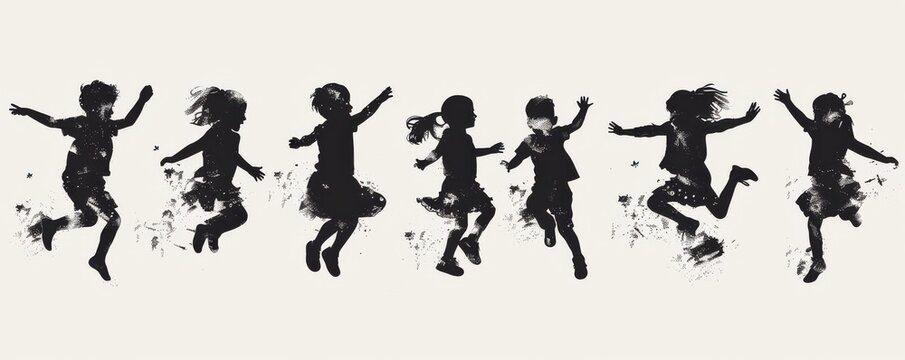 Naklejki Black and white silhouettes of children jumping and playing in the grass, symbolizing childhood joy and freedom.