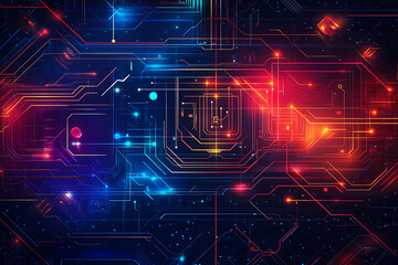 A futuristic circuit board design in festive New Year colors, featuring intricate digital technology elements, glowing lights, and advanced geometric patterns for a modern tech aesthetic.

