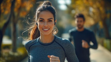 A happy romantic couple is jogging for exercise together in the morning sunrise.
