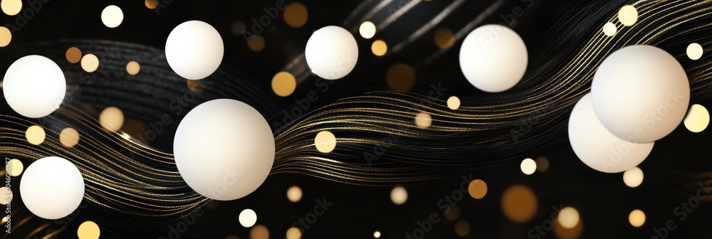 Aufkleber A captivating arrangement of white orbs and shimmering dots intertwine with flowing lines, set against a deep black backdrop. Generative AI