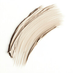 A soft beige paint brush stroke, mimicking a foundation swatch, isolated on a white background, highlighting the natural skin tone and smooth texture of the product