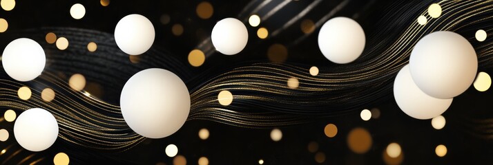 A captivating arrangement of white orbs and shimmering dots intertwine with flowing lines, set against a deep black backdrop. Generative AI