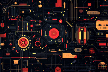 A futuristic circuit board design in festive New Year colors, featuring intricate digital technology elements, glowing lights, and advanced geometric patterns for a modern tech aesthetic.

