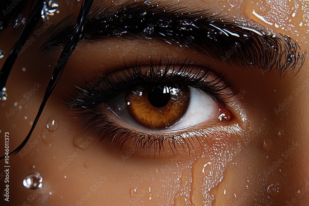 Poster hyper-realistic close-up of a personâ€™s face, eyes filled with determination, capturing the emotion