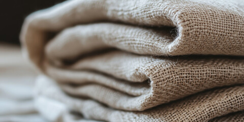 Fototapeta premium Close-up of folded hemp fabric with its earthy, woven texture and visible fibers, showing the organic, unrefined appearance of this environmentally friendly material