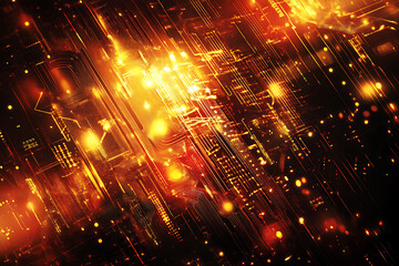 Fototapeta premium A futuristic circuit board design in festive New Year colors, featuring intricate digital technology elements, glowing lights, and advanced geometric patterns for a modern tech aesthetic.