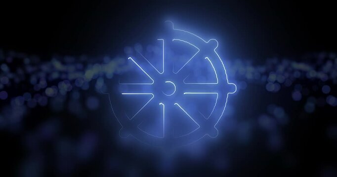 Buddhism, Dharma wheel and symbol with hologram, spiritual and religion on dark studio background. Animation, graphic and empty with believe, faith and sign with icon, wellness and chakra with circle