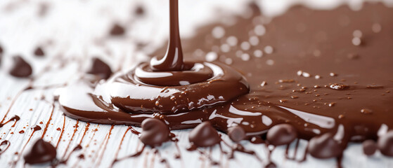 Abstract chocolate splashing wallpaper. Melted liquid chocolate, melting brown chocolate background. Delicious milk chocolate backdrop