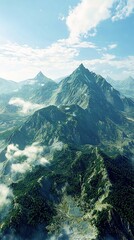 Obraz premium A bird's-eye view of a mountain range with clouds in the foreground and a blue sky with white clouds in the background