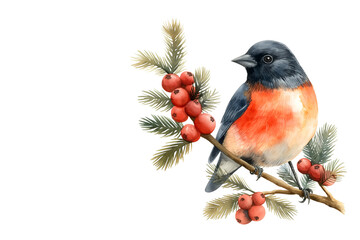 Watercolor bullfinch xmas card. Christmas little bird sits on tree branch background illustration. Winter holidays watercolor bullfinch backdrop