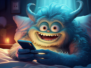 Happy Monster in Bed with Mobile Phone