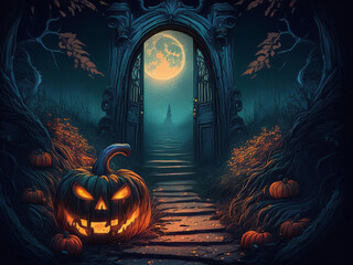 Halloween Pumpkins Outside of a Portal Doorway Leading to the Moon