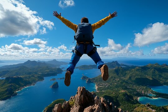 Hyper-realistic image of a person making a leap of faith off a cliff, showing the vivid details of courage and trust in oneself
