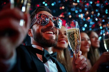 Hyper-realistic scene of a group of friends smiling at a celebration, with detailed expressions capturing the shared joy and excitement