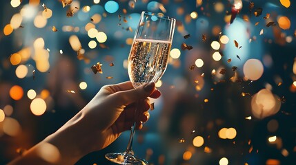 Woman hand with champagne glass on New Year's Eve with fireworks in background. Holiday parties and start of new year