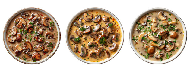 Mushroom soup bowl. Delicious shroom chicken soup in white plates, European cuisine cuisine dish set. Top view food plates