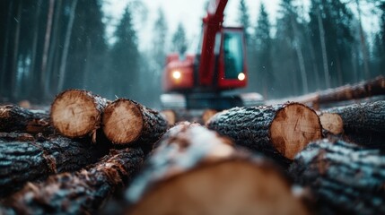 A massive log processor works efficiently in a foggy forest, showcasing human modern engineering prowess in managing resources amidst thick, atmospheric woodland fog.