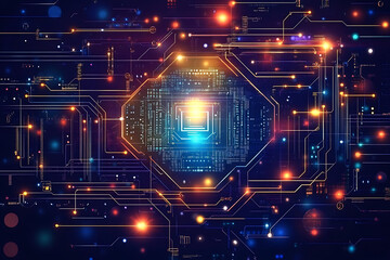 A futuristic circuit board design in festive New Year colors, featuring intricate digital technology elements, glowing lights, and advanced geometric patterns for a modern tech aesthetic.

