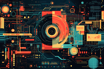 A futuristic circuit board design in festive New Year colors, featuring intricate digital technology elements, glowing lights, and advanced geometric patterns for a modern tech aesthetic.

