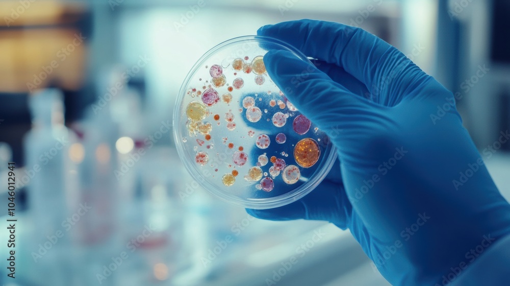 Poster a scientist examines vibrant microbial cultures in a petri dish while working in a laboratory, showc