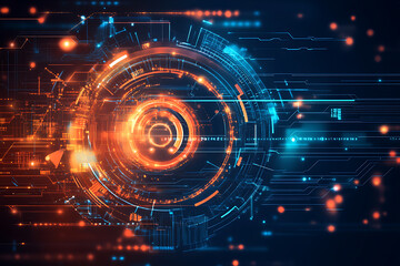 A futuristic circuit board design in festive New Year colors, featuring intricate digital technology elements, glowing lights, and advanced geometric patterns for a modern tech aesthetic.

