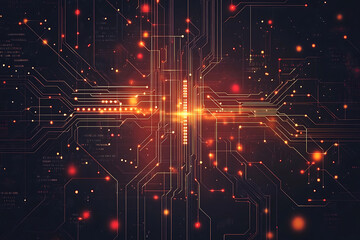 A futuristic circuit board design in festive New Year colors, featuring intricate digital technology elements, glowing lights, and advanced geometric patterns for a modern tech aesthetic.

