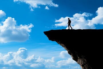 Minimalist illustration of a person standing at the edge of a cliff, symbolizing courage and the sense of adventure in living life fully