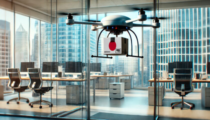 Fototapeta premium A drone delivers a package featuring a Japan flag in a modern office with glass walls and skyscrapers in the background.