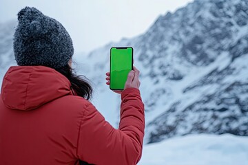 Person holding a phone with green screen while standing in front of a snowy mountain