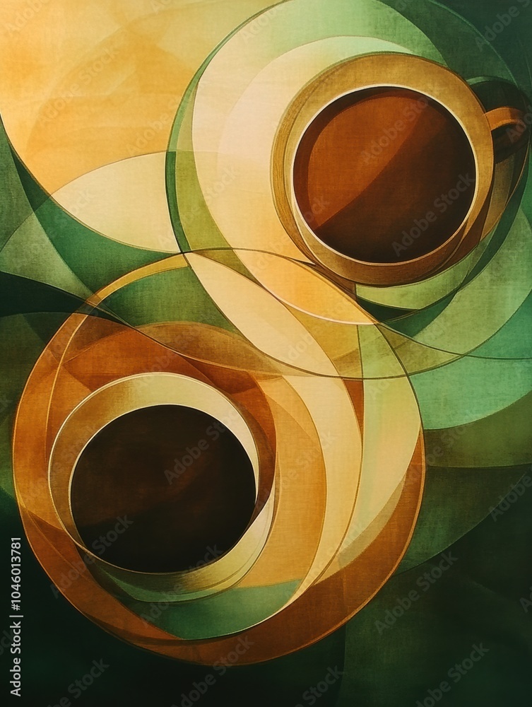 Poster two circular shapes resembling tea cups in warm brown and green tones create a tranquil atmosphere p