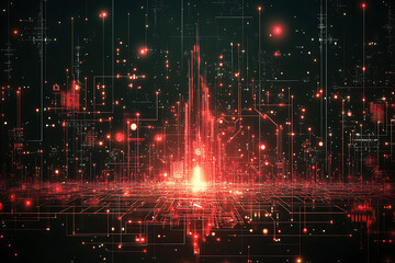 Fototapeta premium A futuristic circuit board design in festive New Year colors, featuring intricate digital technology elements, glowing lights, and advanced geometric patterns for a modern tech aesthetic.