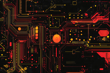 A futuristic circuit board design in festive New Year colors, featuring intricate digital technology elements, glowing lights, and advanced geometric patterns for a modern tech aesthetic.

