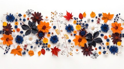 Autumnal Harvest: A Vibrant Flat Lay of Fall Foliage, Berries, and Flowers on a White Background