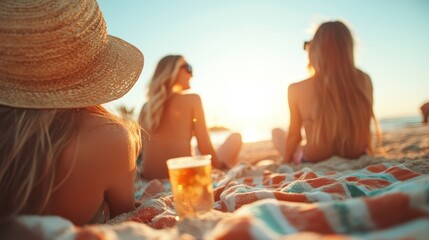 A group of friends relax on a sunlit beach, enjoying the warm weather and tranquil sea with a drink in the foreground; a serene summer scene.