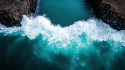 A captivating bird's-eye view captures the turbulent motion of turquoise ocean waves crashing between rocky cliffs, embodying the relentless power of nature.