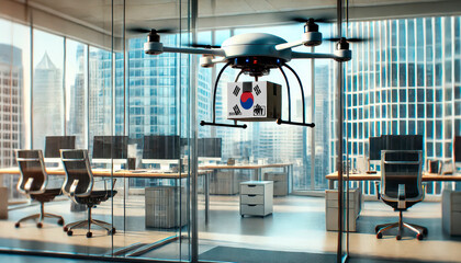 Fototapeta premium A drone delivers a package featuring a Republic of Korea flag in a modern office with glass walls and skyscrapers in the background.